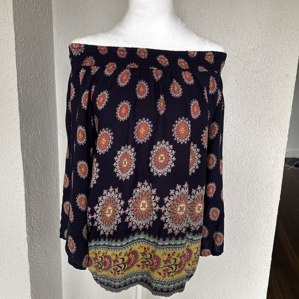 Japna Off The Shoulder Paisley Peasant Top With 3/4 Flare Sleeves  - Size Large